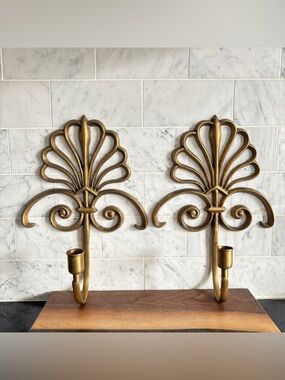 Vintage Pair of Ornate Scrolled Brass Hollywood Regency Candle Wall Sconces